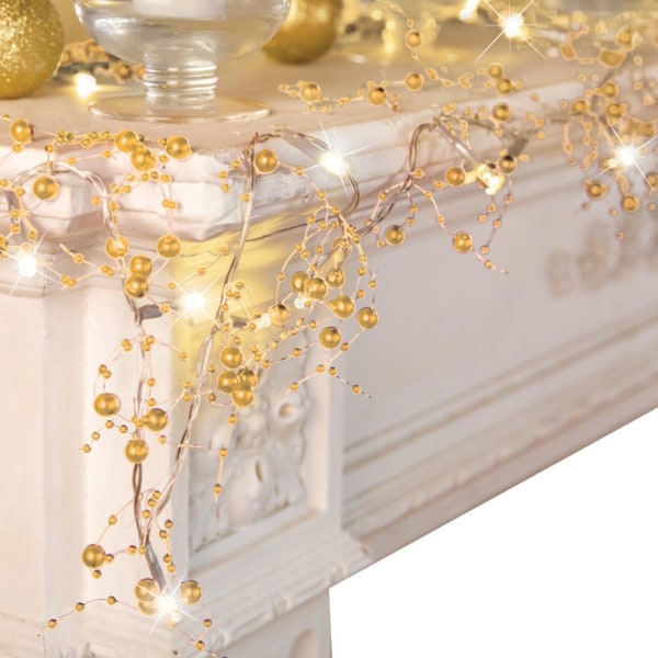 Innendørs julepynt, festlig opplyst bærperlekrans i gull - 120" lang