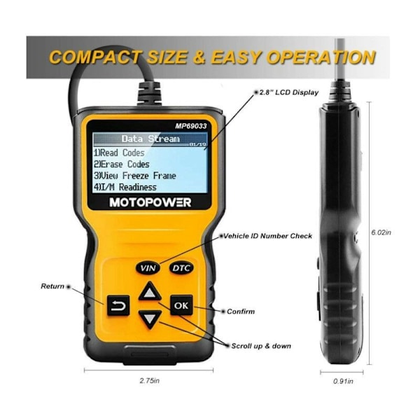 MP69033 OBD-II Scanner Kodläsare Fel Felkod Diagnostisk Läser Motorkod för O2-sensorn