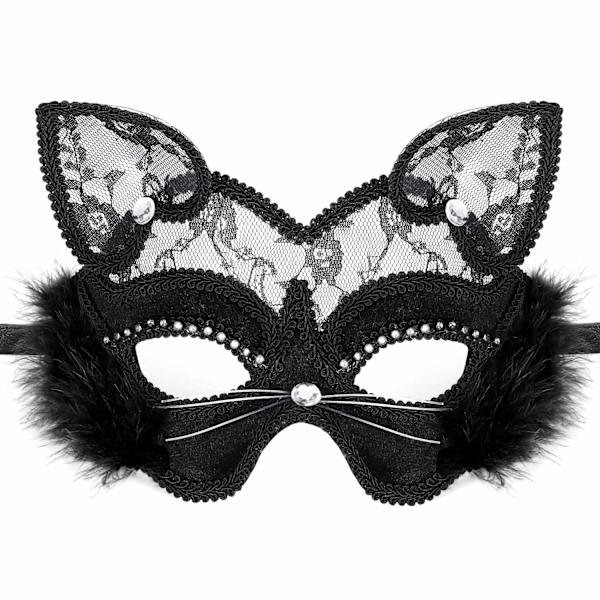 Venetiansk Masquerade Maske Luksus Sort Kat Blonder Maske til Fancy Dress Up Jul Halloween Kostumefest Piger Kvinder