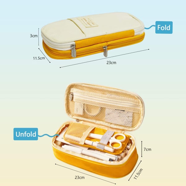 Gul utvidbar pennal, stor kapasitet pennal skole pennal stasjonær arrangør kosmetisk veske jenter gutter, 1 stk