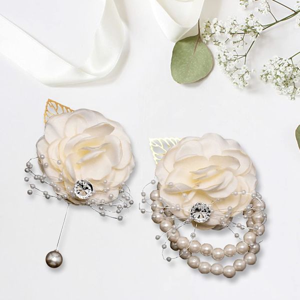 Vit - 2 st handledsblommor bröllop handledsblommor pärlarmband strass röd ros konstgjord blomma handledsblommor brudtärna blomma bröllop armband
