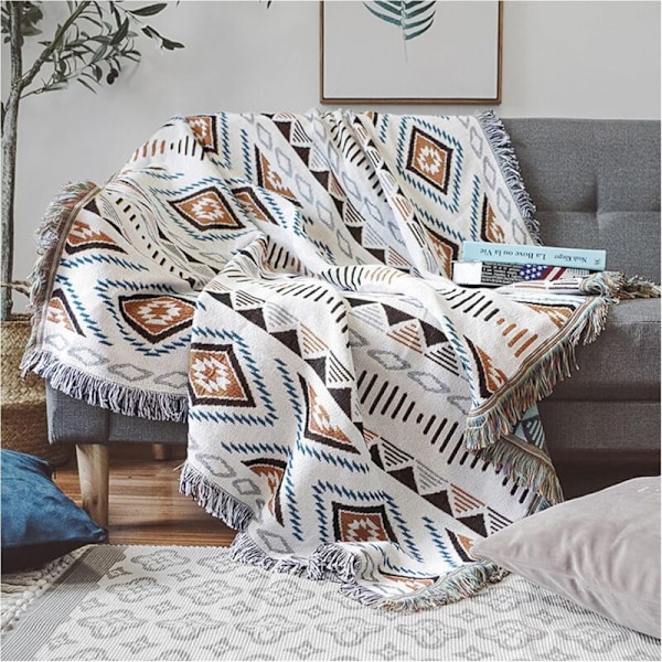 (Geometriska mönster, 130x180cm) Sofföverdrag med tofsar, soffplädar, stickad filt, etnisk stil, för hemmet, kontoret, resor, th
