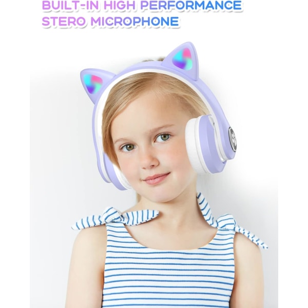 Bluetooth-hörlurar för barn med HD-mikrofon/LED-lampor (lila), 85 dB volymbegränsade barn-hörlurar, stereoljud för barn, för smartphone, i