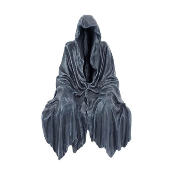 Siddende statue gotisk skræmmende kunstindretning, sort horror-kåbe Halloween-harpiks Death Reaper Thinker-skulptur, bord og skrivebord