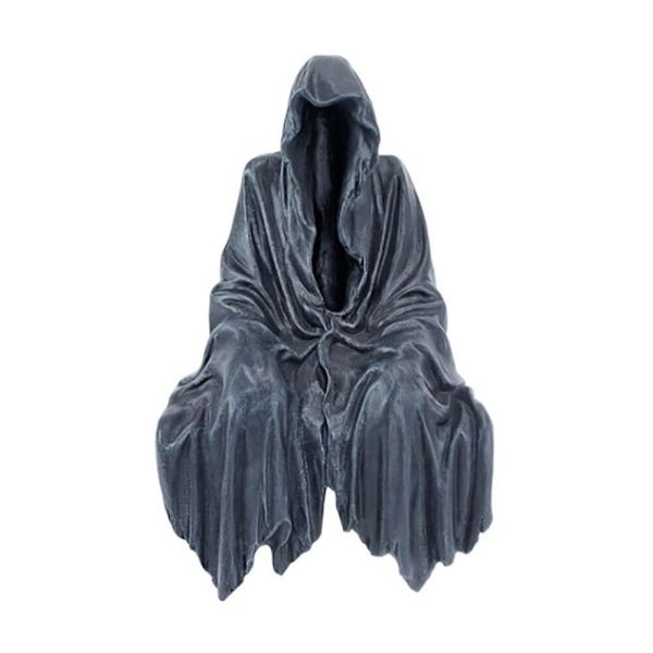 Sittende statue gotisk skummel kunstdekor, svart skrekk kappe Halloween harpiks død reaper tenker skulptur, bord og skrivebord