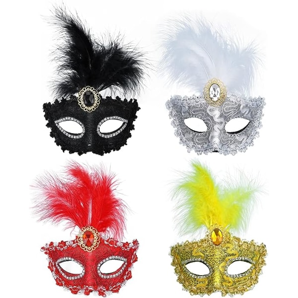 Sett med 4 maskerademasker for kvinner, halvmaske for karneval, fancy dresser