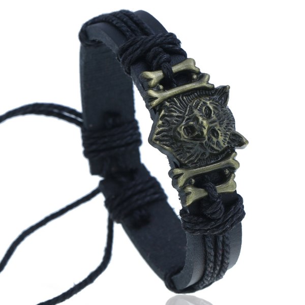 (Noir) Armband en laiton antique avec tête de loup en peau de va