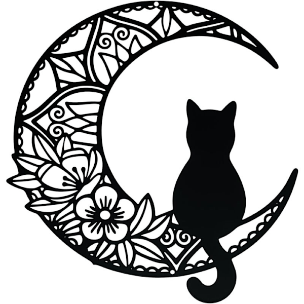 1 x Metall Veggkunst Katt Måne Hagedekor for Hjem Innendørs Utendørs Svart 30*30CM