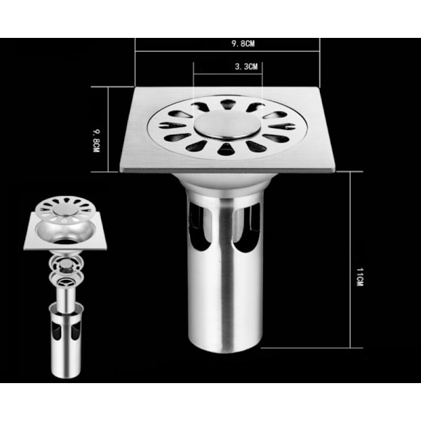 Golvbrunn i rostfritt stål för badrum, toalett, kök, tvättstuga, trädgård - 98 mm x 98 mm