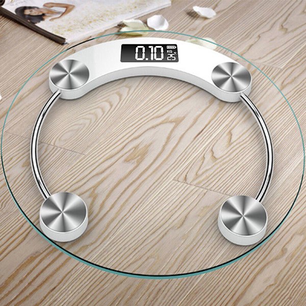 Digital glasvægt med balance og en rækkevidde på 180 kg og LCD-skærm, transparent hvid
