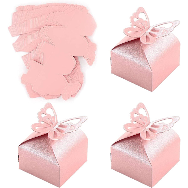 Fjärilsflicka Dop Favor Box, 50 st Rosa Favor Box, Pärlpapper Favor Box, Bröllop Favor Box för Godis, Co