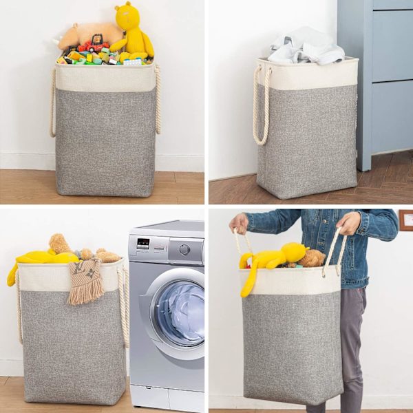 78L 60 x 42 x 31cm Beige+Grå Stor Vaskeromskurv, Sammenleggbar Vaskeripose med Tauhåndtak Oppbevaringsboks Egnet for Soverom Vaskerom Bad