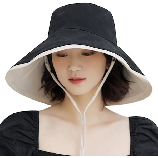 Extra bred solhatt för kvinnor - bomull, vikbar, vändbar hatt med bred brätte - UV-skydd - sommarstrand, resor, trädgård
