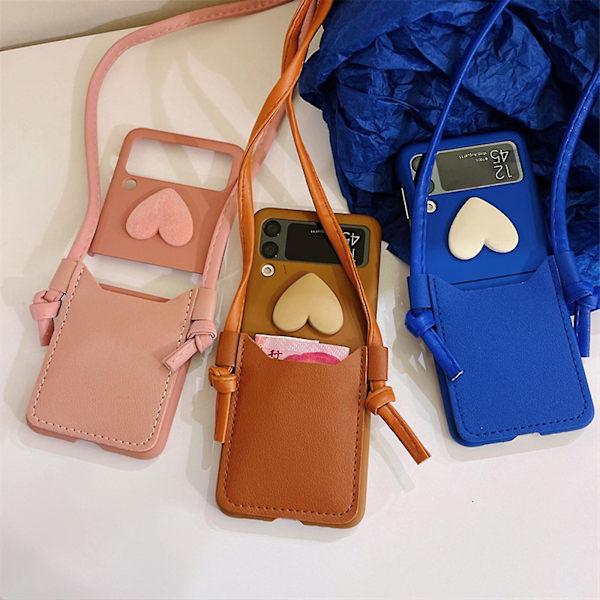 Love Heart Case Kompatibel Med Samsung Galaxy Z Flip 4, Pc Ram Pu Läder Stötsäker Skydd Med Snöre Brun