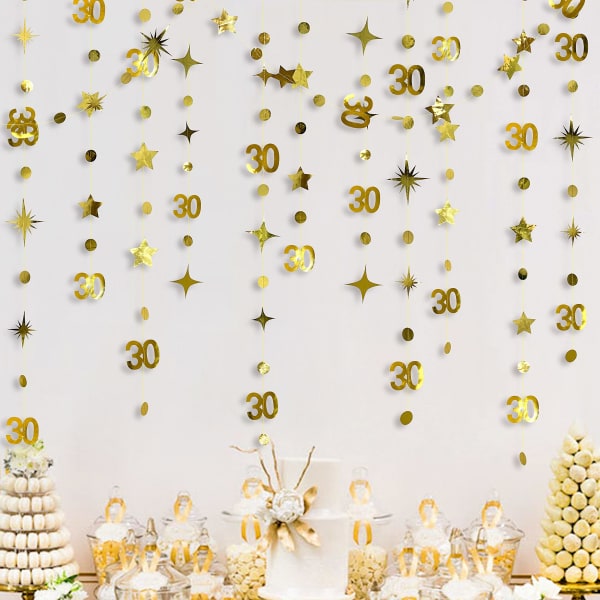 Guld 30-årsdag Dekorationer Nummer 30 Polka Dot Glitter Stjärnor Girlang Metallisk Hängande Vimpel Banner Bakgrund för Trettioårsjubileum Fest Suppl