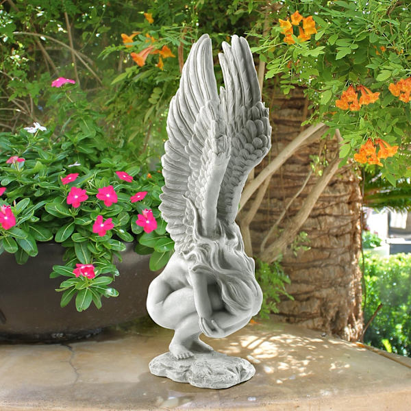 Engel Minde og Forløsning Religiøs Have Statue, Medium 24cm, Polyresin, Antik Sten
