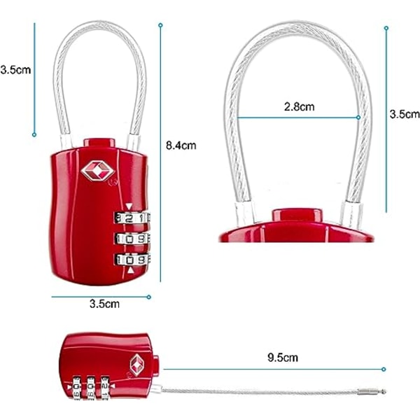 2 Pack matkatavaroiden riippulukko (punainen), 3-asentoinen turvalukko, yhdistelmä