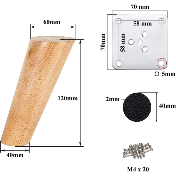 4 stk. 12 cm træmøbelben solide koniske træbordben skrå sofa ben udskiftning møbelben med fastgørelsesskruer og skridsikker beskyttelse
