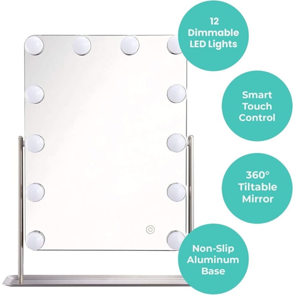 Hollywood sminkspegel med LED-spegelbelysning med 12 lampor och 3 vita färger, smart touch-kontroll, aluminiumram, lutning i 360 °
