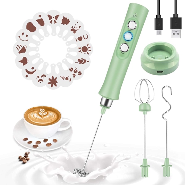 Hiljainen kädessä pidettävä maidonvaahdotin - USB ladattava, 3 nopeutta cappuccinoa, lattea ja kuumaa suklaata varten (vihreä)