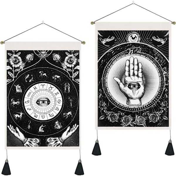 Set med 2 Fatima-väggbonader med tofsar, svart ondskeöga-väggbonad, astrologiska stjärnteckens väggkonst, för sovrum vardagsrum, 35x50 cm