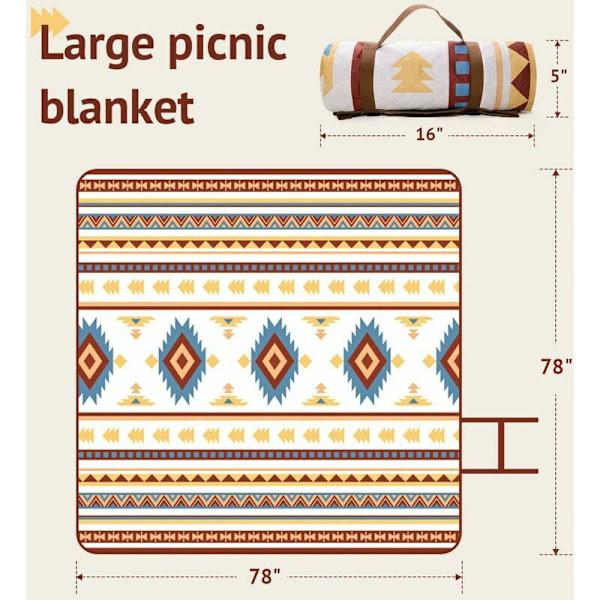 Piknikteppe Vanntett, 200x200CM Ekstra Stort Strandteppe Utendørs Piknikmatte, Strandmatte med Bærehåndtak Sandtett Varmebestandig for Camping, T