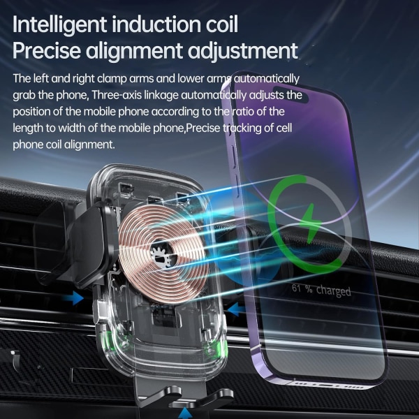 Trådløs billader, 15W automatisk klemmende billader, luftventil bil ladestasjon for iPhone 14/14 Pro/13/13 Pro /12/12 Pro/ 11/11 Pro/Xr/X