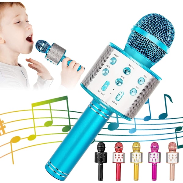 Barn Karaoke Trådlös Bluetooth Mikrofon (Blå), 5 i 1 Bärbar Handhållen Högtalare Spelare Recorder, Justerbar Blandning FM-radio, Lämplig för Barn Vuxna