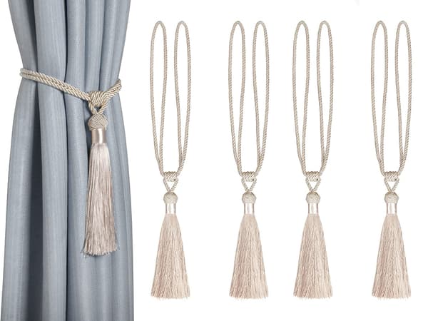 Set om 4 gardinbindningar rep flätad polyester bomullsvävnad draperibindningar med tofs dekorativa gardintillbehör, beige