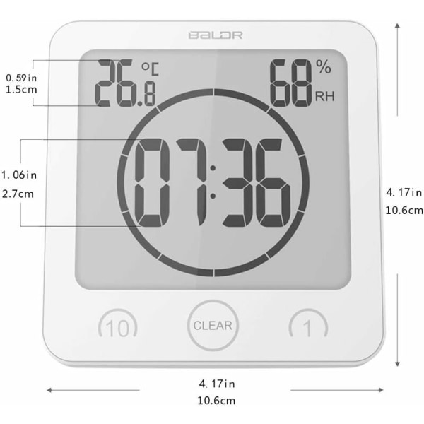 Badklock Timer Vattentät Badrumstermometer Hygrometer Badrumssminkning Kök (Vit)