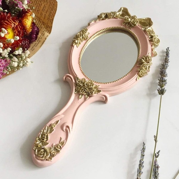 Vintage Handspegel Golden Rose Sminkspegel med Handtag Antiq