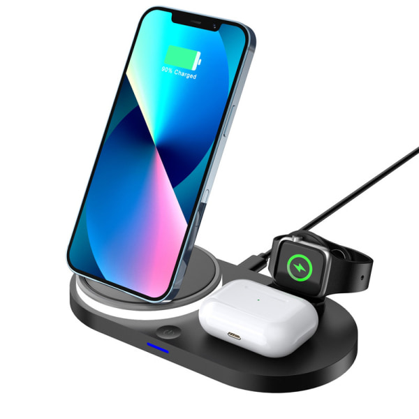 Multifunksjonell tre-i-ett trådløs lader 15W hurtigladende mobiltelefon øretelefonklokke sammenleggbar brakett nattlys