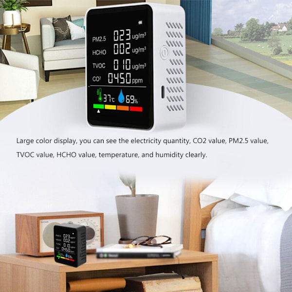 Innenlands luftkvalitetsdetektor Multifunksjonell CO2-tester med karbondioksid PM2.5 TVOC HCHO-verdi HUNTLE MUNITITY Temperaturvisning LCD Farge Relat