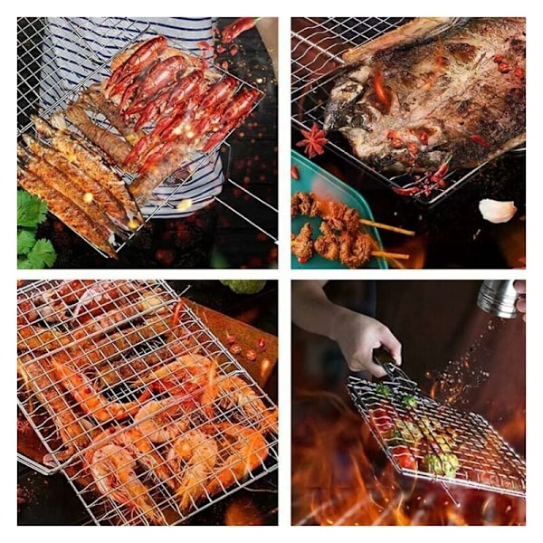 Grillkurv med trehåndtak, sammenleggbar kurv for bærbar grill, klemme kurv fisk, klemme grillkurv, med avtakbart håndtak og oppbevaringspose