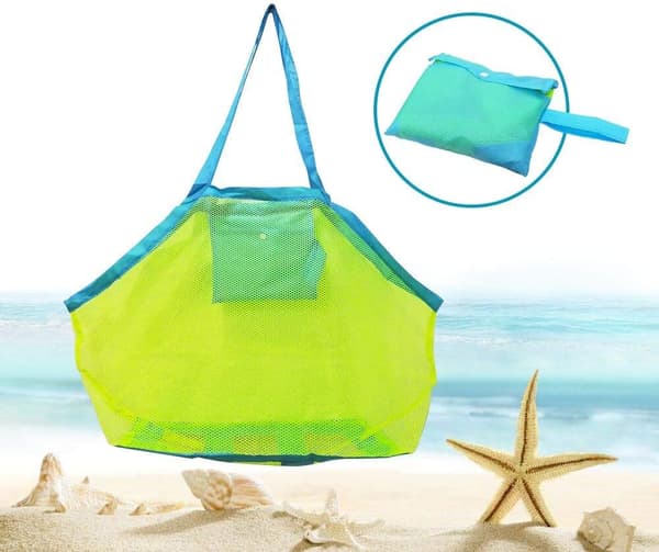 Legetøjspose Mesh Strandlegetøjsopbevaringsnet til at bære legetøj og håndklæder Legetøjssand væk 40*24*40cm Grønt mesh Blå stropper