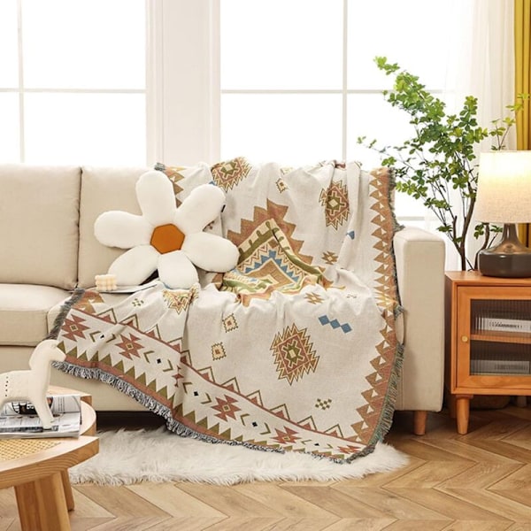 Dubbelvävd bomullsfilt med fransar, etnisk bohemisk stil, geometriskt mönster, soffa, säng, stol, camping, gobeläng, duk, matta 90x150cm