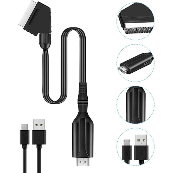 Sadllash adapter til HDMI, scart-konverter til HDMI med HDMI-kabel for Full HD 720p/1080p TV, video audio for DVD-leser Blu-ray STB VHS Xbox PS3
