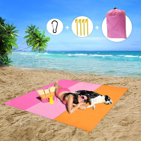Vanntett strandmatte 210X200CM Antisand piknikteppe, sammenleggbar bærbar strandteppe med 4 faste for strand, piknik, camping, reiser, utendørs