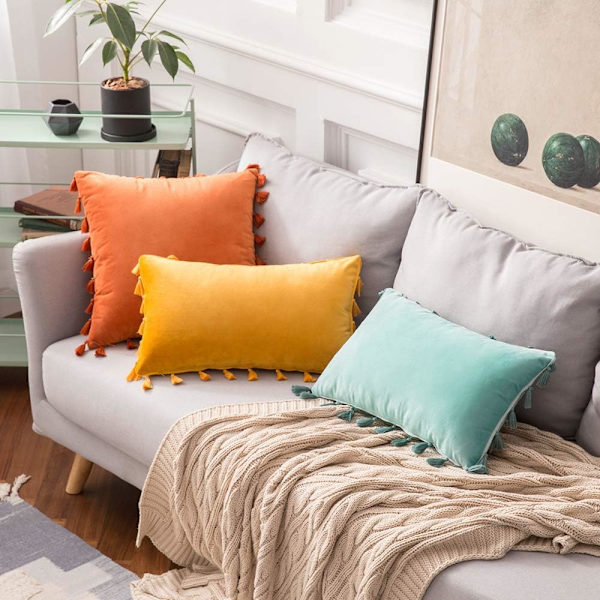 2 stk fløyel myk ensfarget dekorativ putetrekk med frynser dusker Boho aksent putetrekk for sofa seng sofa seng Aqua Green