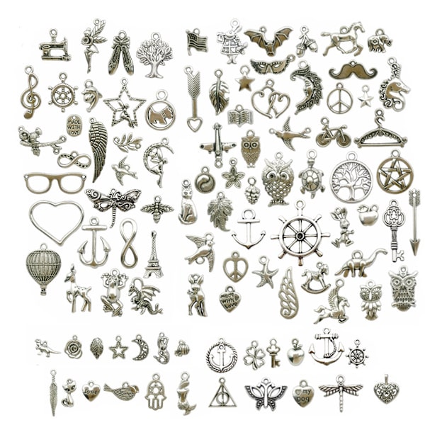 100 små silverlegering hängen halsband armband hänge örhängen handgjorda diy material kit