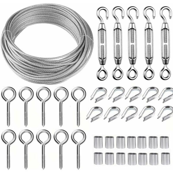 Metall rostfritt stål kabelkit 5 m/2 mm med robust M5 vajerspännare, stängselvajerrulle kit, kabelräcke kit, trädgårdsvajerspännare för klättring