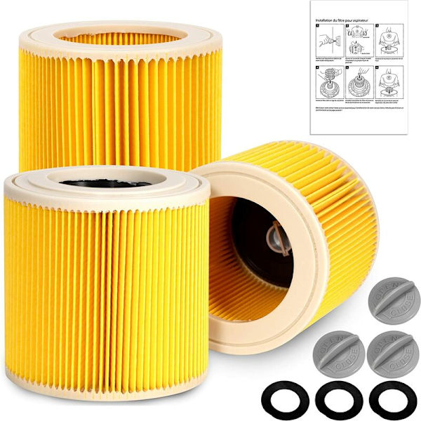 Sats med 3 filter till Kärcher Professional dammsugare, Hepa filter ersättningstillbehör för vatten, damm och aska byggarbetsplats dammsugare