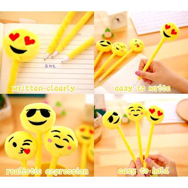 24 Emoji-kulspetspennor, slumpmässigt mönster 21 cm plysch Emoji-penna mjuk söt kulspetspenna för barn barn födelsedagspresent festpåse fyllning