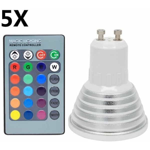 5x GU10 Färglampa 3W RGB LED 16 Färgskiftningar AC85-265V med infraröd fjärrkontroll