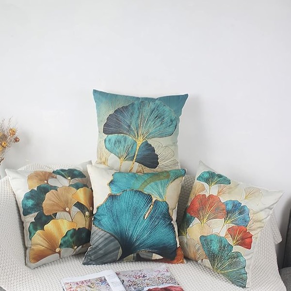 4 Dekorativa Ginkgo Blad Tryckta Kuddfodral 45 x 45 Linne Djungel Överkast Kuddfodral Guld Gul Bondgård Naturliga Kuddfodral 18x18 Soffa Cus