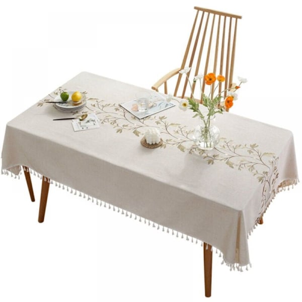 140 x 200 cm rektangulär bordsduk i bomull och linne - tvättbar - anti-fläck - med tofsar - för kök, matsal, picknick, utomhus