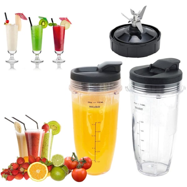 Reservedele til Ninja blender, 24 oz kop med 7 finner med vandtæt og vandtæt låg til Nutri Ninja BL480 BL482 BL642 NN102 BL682 (2 kopper, 2 låg)