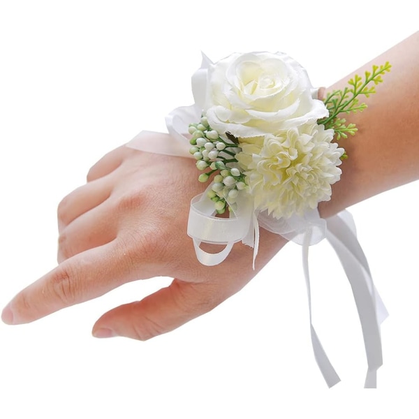 (Hvid) 1 sæt, 2 kunstige håndledsblomster, bryllupskorsage, rose