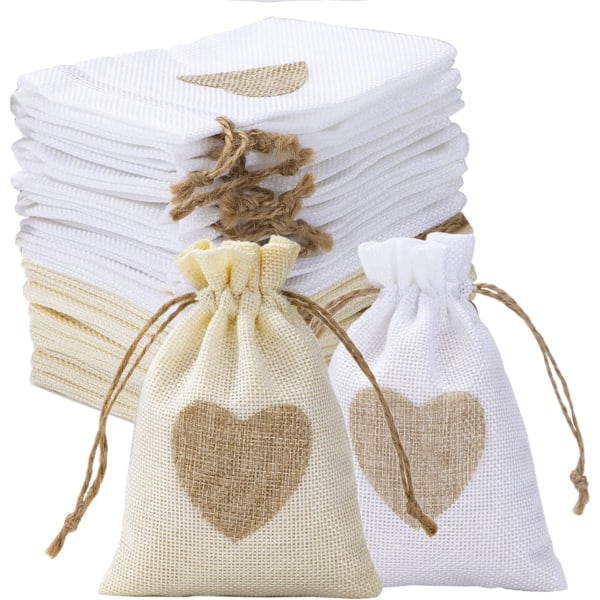 Juteposer, pakke med 24 hamp hørposer med snøre og hjerte P