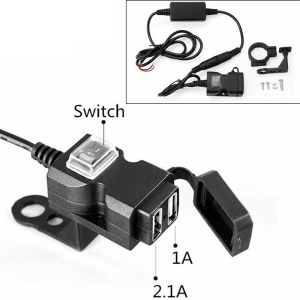 Motorcykel USB-mobiltelefonladdare (9-24V) med dubbel USB-utgångsring och vattentät säkringsswitch för motorcyklar, lastbilar, båtar